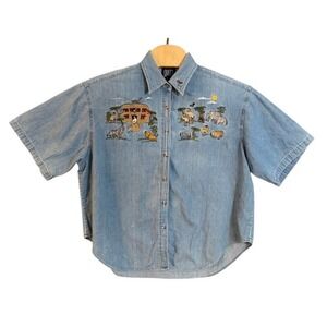 Vintage Quizz New York Woman Noahs Ark Embroidered Denim Shirt Plus Size 22